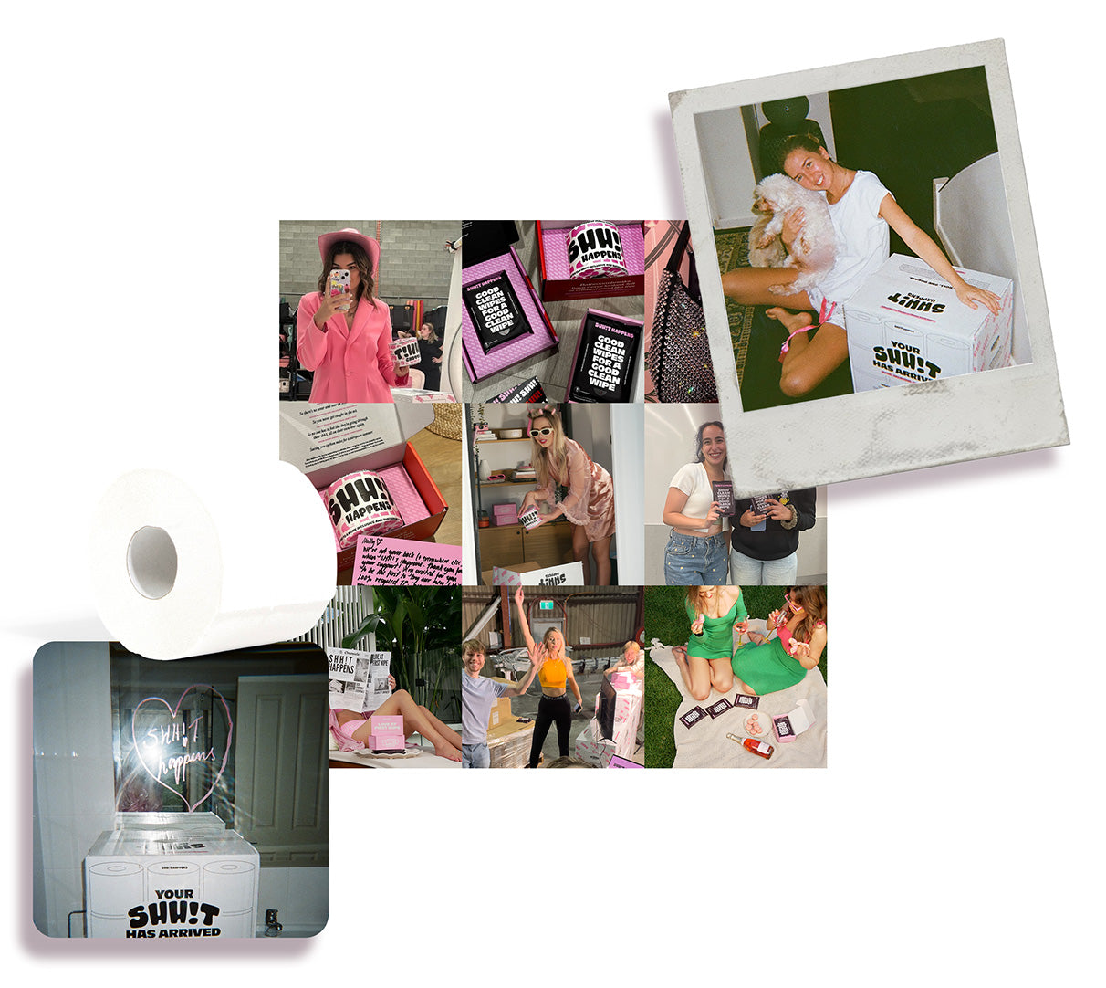 Collage of happy customers with Shh!t Happens toilet paper and eco-friendly wipes — Australian-made recycled toilet paper brand funding disability impact, essentials aid, and ethical tissue supply.