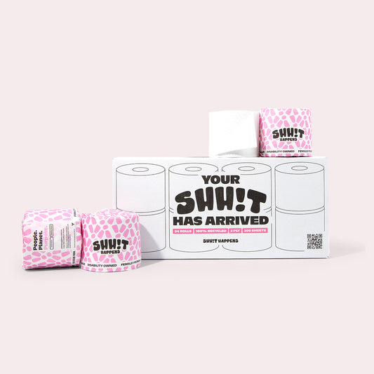 Shh!t Happens 24-roll pack of 3-ply recycled toilet paper — Australian-made, eco-friendly, disability-owned brand offering sustainable bulk toilet paper with pink patterned wrappers and impactful packaging.