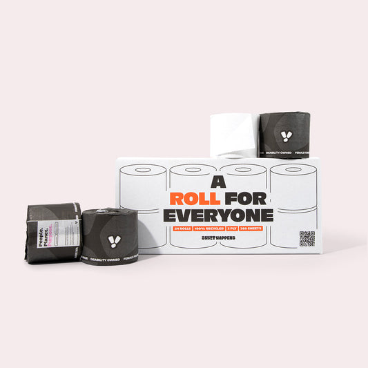 Shh!t Happens double length 24-roll black-wrapped toilet paper pack — inclusive 3-ply bulk toilet paper made from 100% recycled materials by a female-led, disability-owned Australian brand.